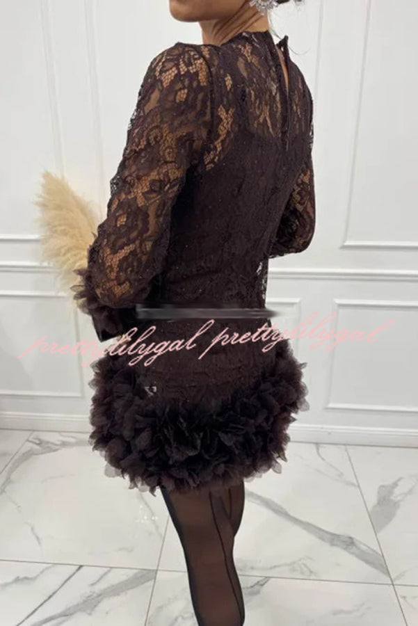 Alyssa Lace Fabric Tulle Layered Petals Trim Long Sleeve Mini Dress