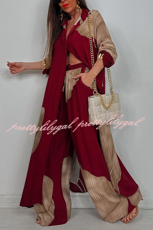 Unique Printed Casual Loose Long Shirt and Elastic Waist Pocket Wide Leg Pants Set