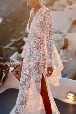 Dream Love Floral Lace Bell Sleeve V-neck Slit Maxi Dress