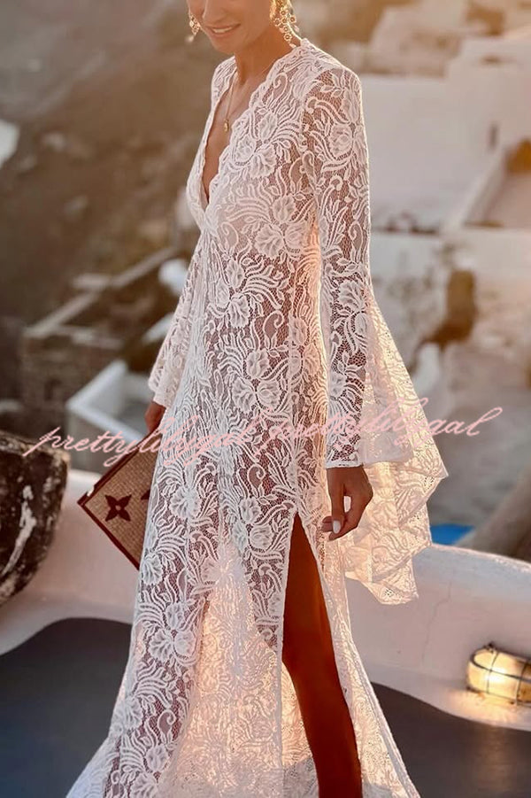 Dream Love Floral Lace Bell Sleeve V-neck Slit Maxi Dress