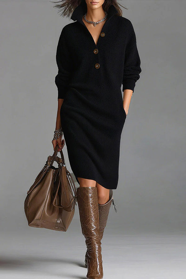 Solid Color Collared Button Pocket Loose Casual Knit Midi Dress
