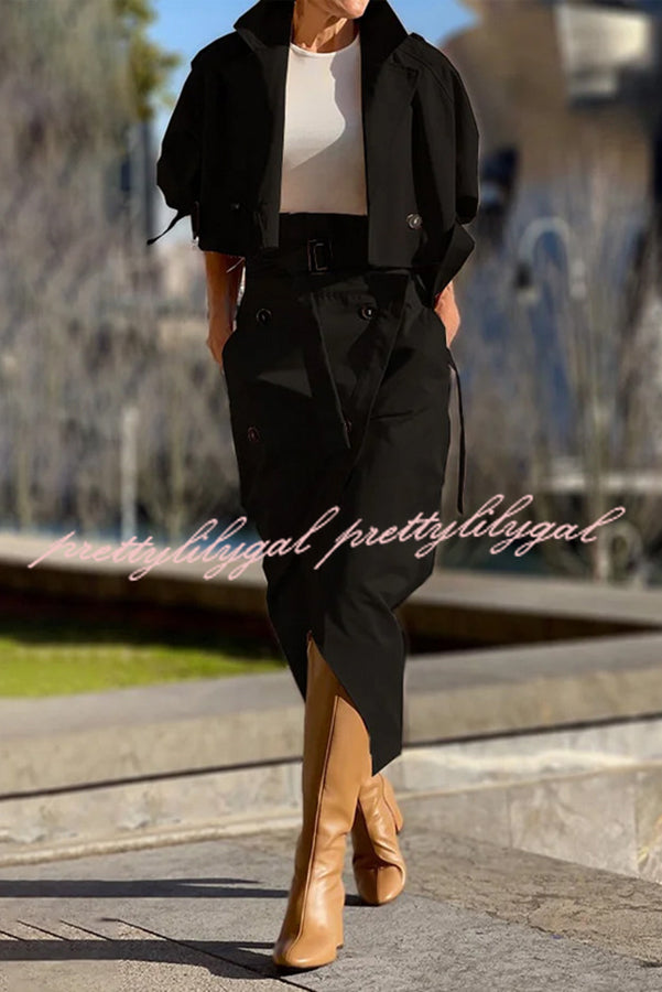 Work Style Lapel Long Sleeve Jacket and Button Belt Pocketed Slit Midi Skirt Set