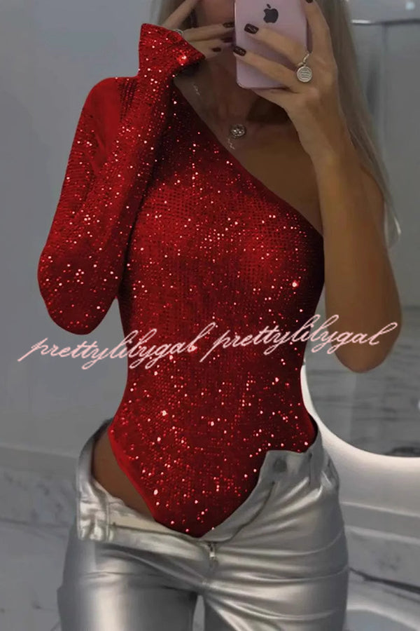 Solid Color Sequined One-shoulder Slim-fit Rompers