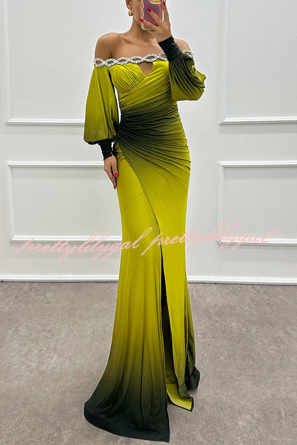 boat neck off shoulder dress Julieta Gradient Print Boat Neck Off Shoulder Gem Detail Slit Gown Ma –  prettylilygal