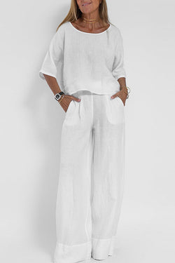 Linen Blend Solid Color Casual Round Neck Top and Loose Wide-leg Pants Set