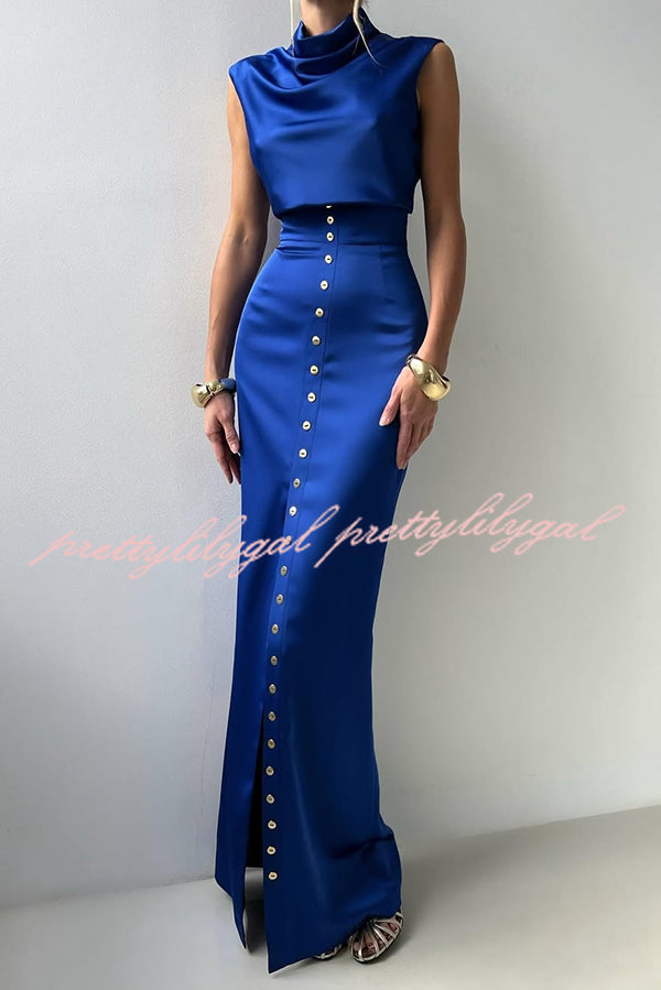 Solid Color Casual Sleeveless Crop Top and Elegant Button-down Maxi Skirt Set