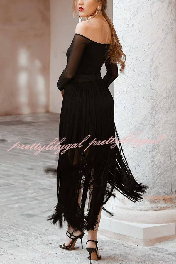 Elegant Tassel Hem Elastic Waist Casual Maxi Skirt