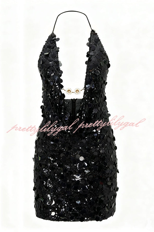 Sexy Halter Neck Sequined Open Back Mini Dress