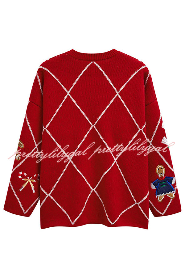 Argyle Candy Gingerbread Man Embroidered Button-knit Cardigan