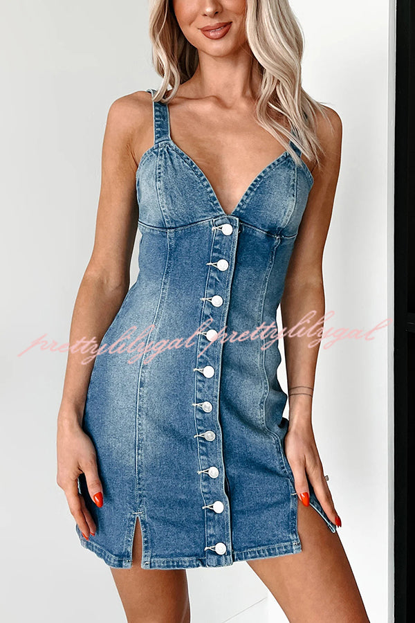 Sexy V-neck Open Back Button Slim Fit Denim Mini Dress