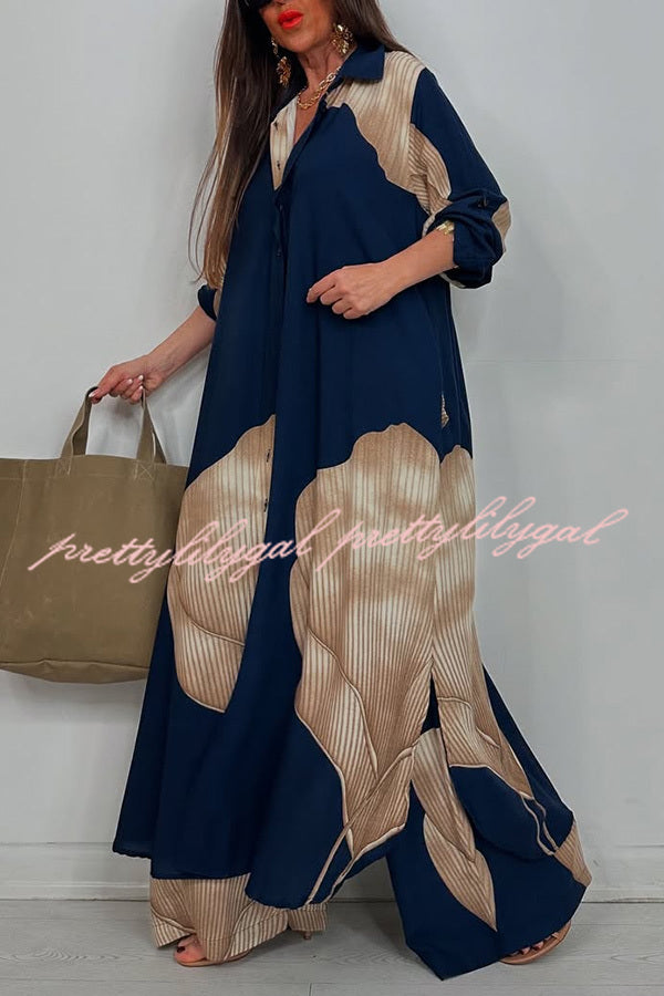 Unique Printed Casual Loose Long Shirt and Elastic Waist Pocket Wide Leg Pants Set