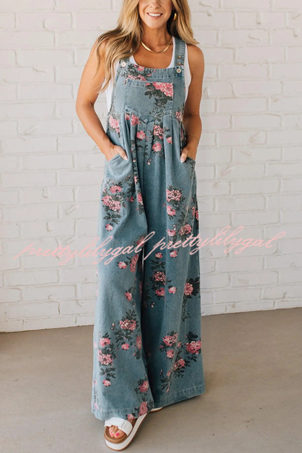 Fashion Floral Print Casual Button Pocket Loose Denim Overalls