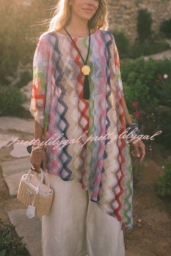 Sun Washed Knit Colorful Zigzag Pattern Asymmetric Hem Loose Cover-ups Kaftan