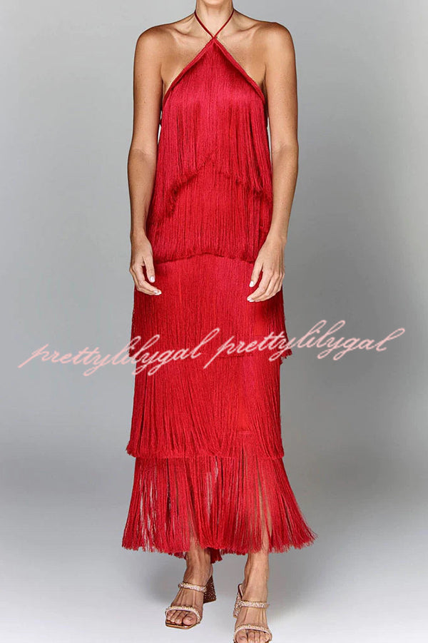 Sexy Halterneck Backless Elegant Fringe Maxi Dress