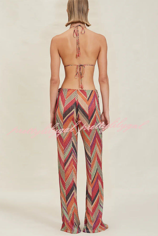 Gypsy Girl Triangle Pattern Beaded Tie-up Waist Stretch Loose Pants