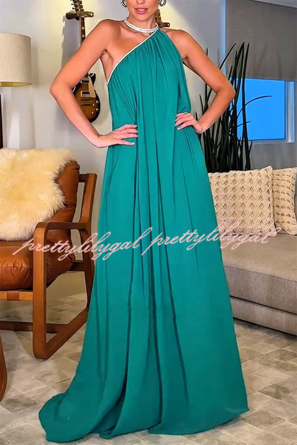 Elly One Shoulder Rhinestone Details Removable Belt A-line Maxi Dress