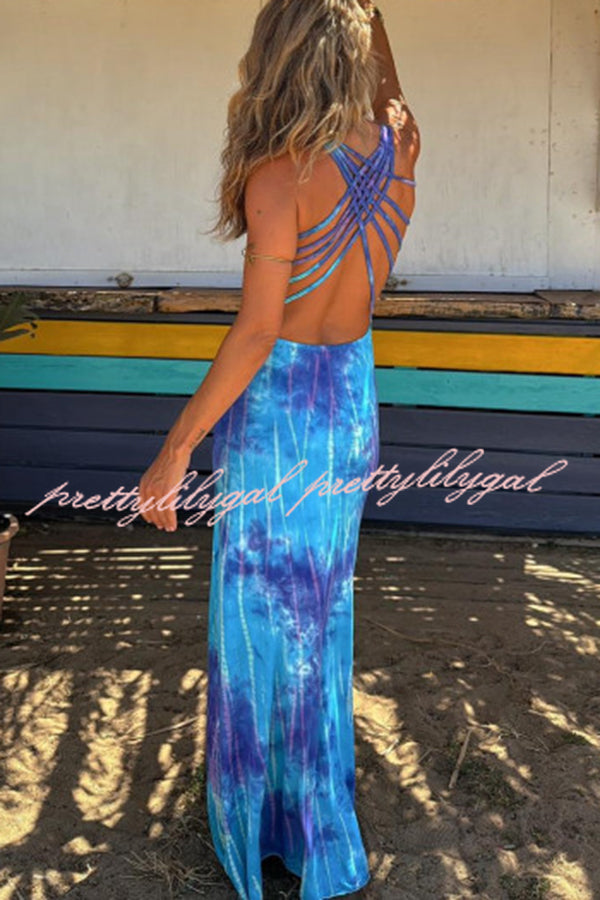 La Bamba Tie-dye Print Back Lace-up Stretch Maxi Dress