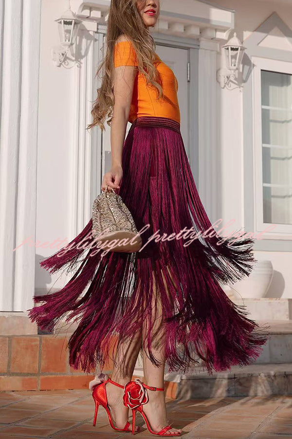 Elegant Tassel Hem Elastic Waist Casual Maxi Skirt