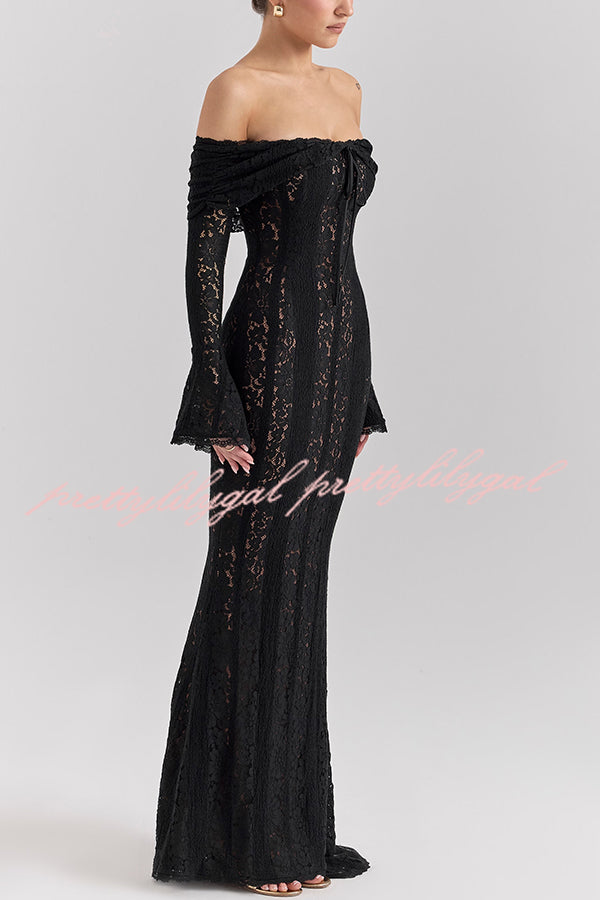 Outline The Curve Floral Lace Off Shoulder Bell Sleeve Stretch Maxi Dress