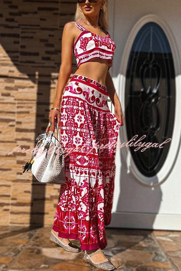 Unique Printed Sexy Sling Tank and Elastic Waist Large Hem Maxi Skirt Set