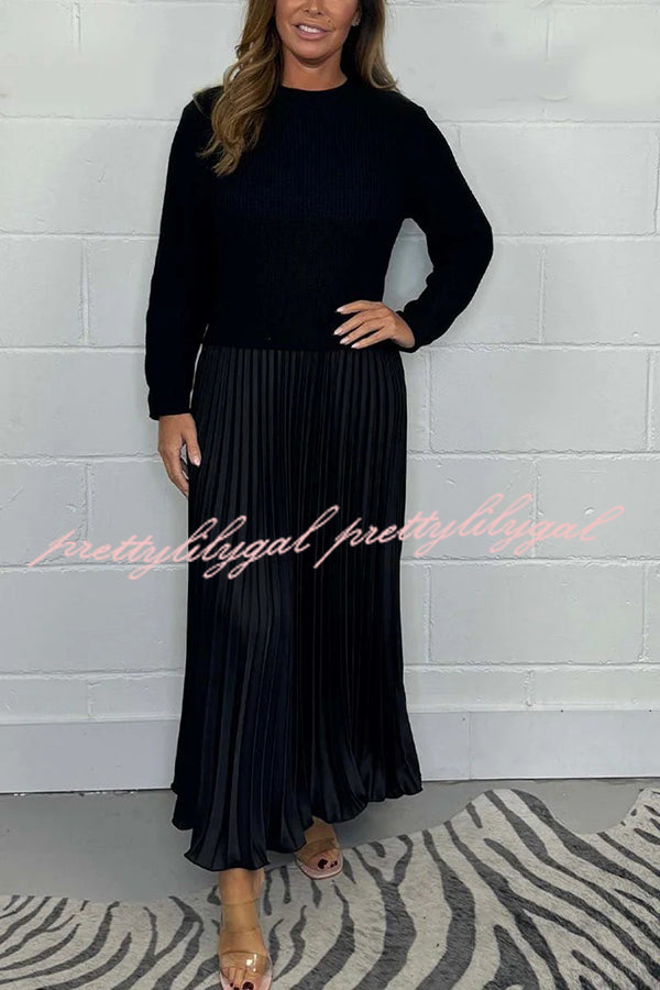 Stylish Knitted Round Neck Long Sleeve Patchwork Pleated Hem Maxi Dress