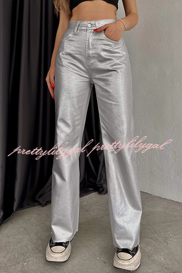 Stylish Metallic Fabric Pocket Casual Straight Wide-Leg Pants