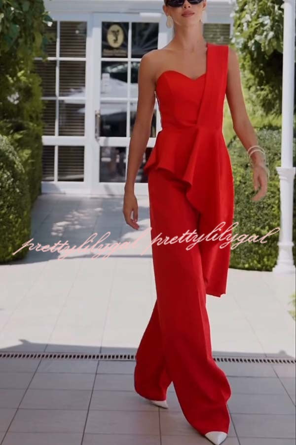 Amena One Shoulder Sweetheart Neck Ruffle Hem Top and Elastic Waist Pocket Wide Leg Pants Set