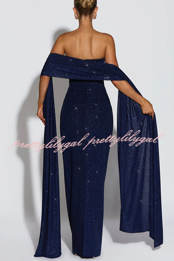 Pandra Glittery Crepe Fabric Off Shoulder Ruched Slit Cape Maxi Dress