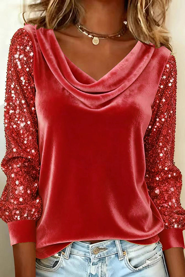 Stylish Velvet Sequin Patchwork Long-sleeved Casual Top