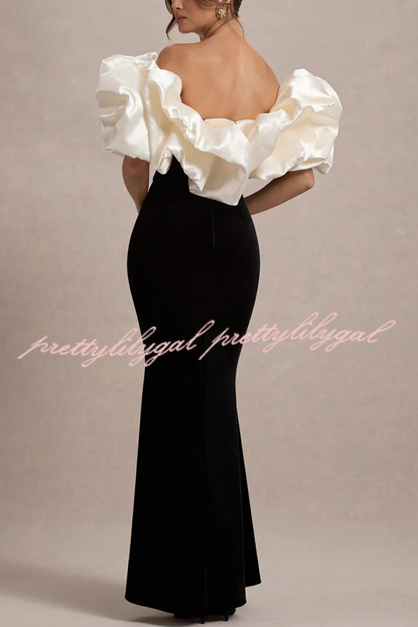 Cecily Velvet Off Shoulder Satin Structured Bardot Neck Stretch Maxi Dress