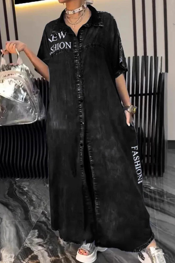 Fashion Letter Print Lapel Cardigan Loose Maxi Dress