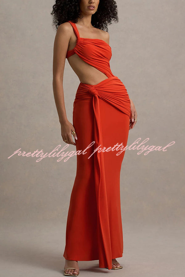 Sexy One-shoulder Backless Ribbon Pleated Slim Maxi Dress