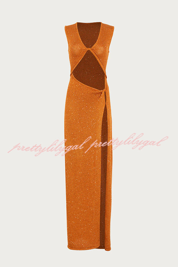 Beautiful Figure Shiny Knit Fabric Cutout Side Slit Stretch Vacation Maxi Dress