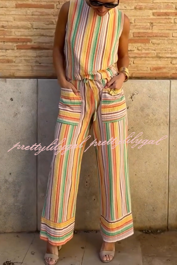 Tylah Linen Blend Colorful Striped Back Button Vest and Elastic Waist Pocket Loose Pants Set