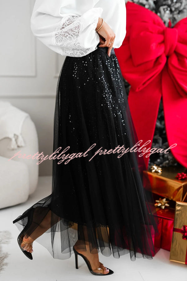 Party Daydream Sequin Tulle High Rise Elastic Waist Maxi Skirt