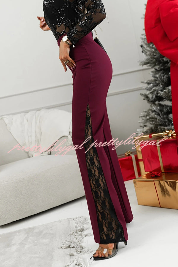 Joelie High Rise Elastic Waistband Side Lace Patchwork Flare Pants