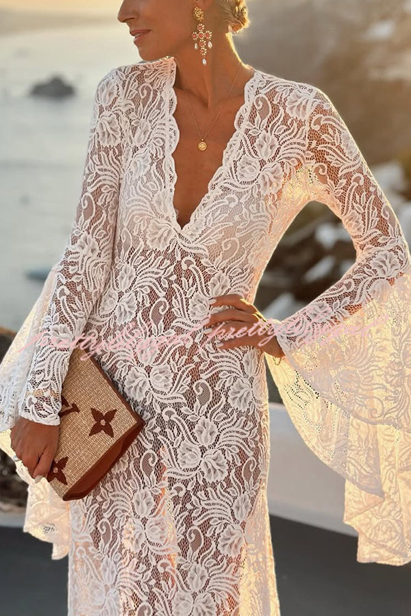 Dream Love Floral Lace Bell Sleeve V-neck Slit Maxi Dress