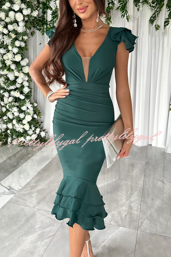 Gala Ready Tiered Ruffle Detail Ruched Formal Midi Dress