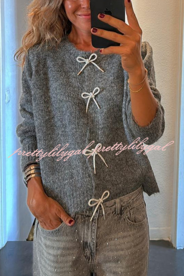 Paris Mornings Knit Front Bow Design Long Sleeve Relaxed Cardigan