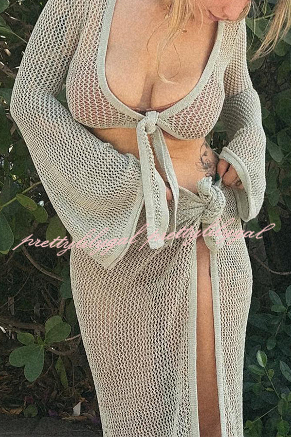 Knitted Slit See Through Hollow Tie Skirt Suit