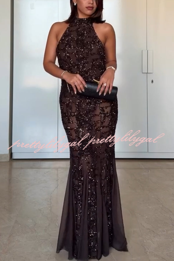 Twilight Gleam Sequin Textured Tulle Hem Halter Backless Maxi Dress