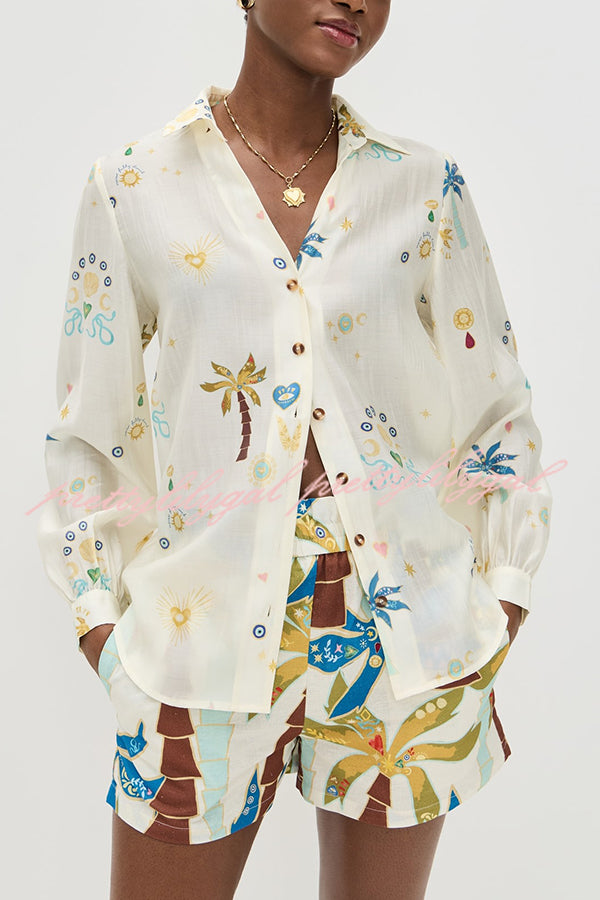 Linen Blend Resort Coconut Palm Print Long Sleeve Lapel Shirt and Elastic Waist Casual Pocket Shorts Set