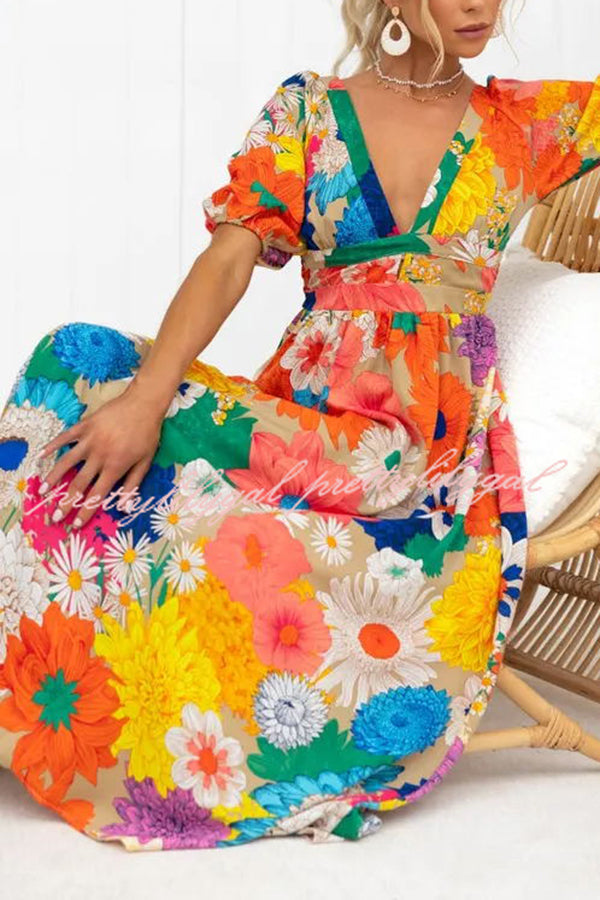 Floral Frenzy Printed Puff Sleeve Back Smocked Maxi Dress