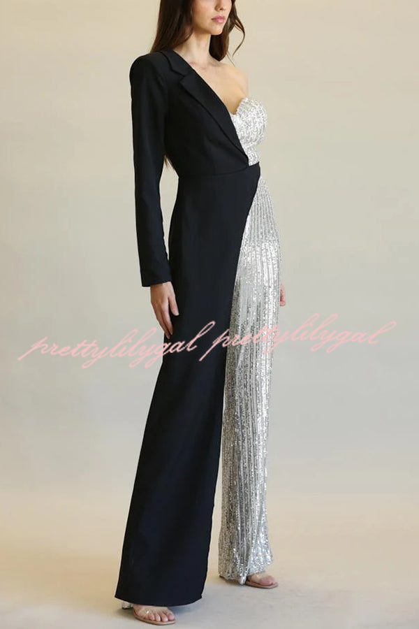Fashionable Sequined Patchwork One-sided Long-sleeved Asymmetrical Jumpsuit