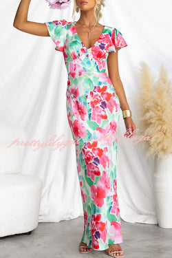 Say I Do Satin Floral Print Cap Sleeves Maxi Dress