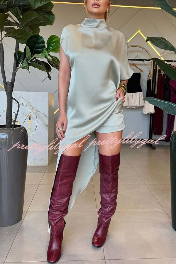 Katniss Satin High Neck Irregular Design Top and Elastic Waist Pocket Shorts Set