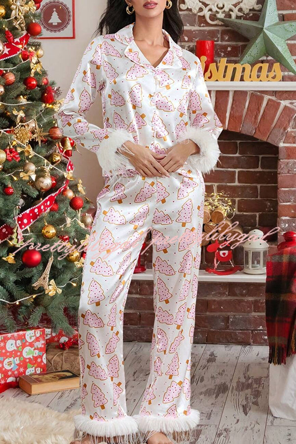 Christmas Print Feather Trim Elastic Waist Pocket Pajama Set