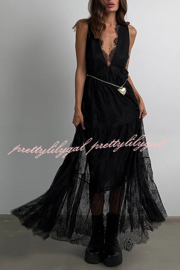 Fashionable Sheer Lace V-neck Backless Elegant Maxi Dress