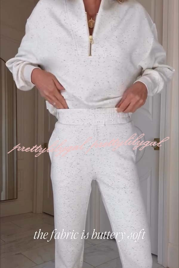 Ivory Marl Fleck Half-Zip Neck Long Sleeve Sweatshirt and Elastic Waist Pocket Jogger Set