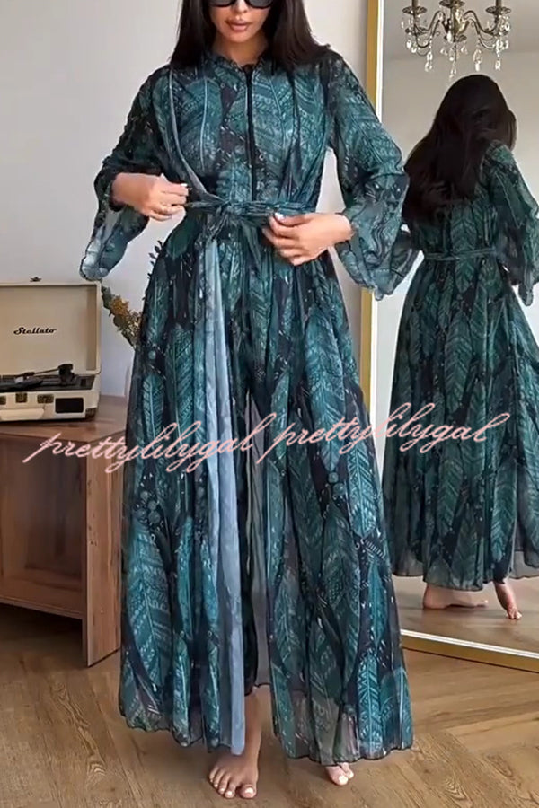 Unique Print One-piece Swimsuit and Cardigan and High Rise Pants Three-piece Set